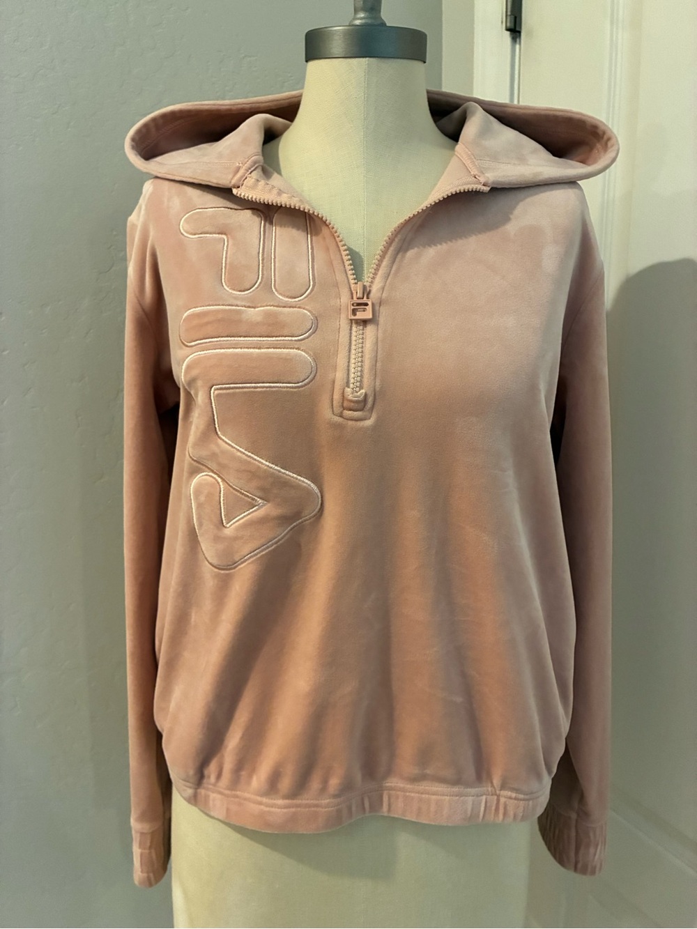 FILA Women's Velour Quarter Zip Hoodie Misty Rose Blush Pink Pullover Size M
